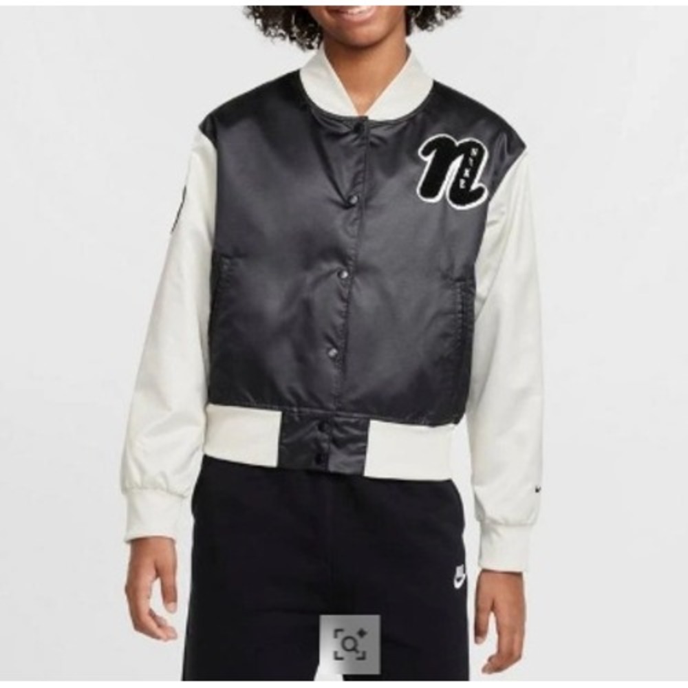 NWT NIKE Big Kids Sportswear Varsity Jacket Kids Size L Black White Satin Sporty